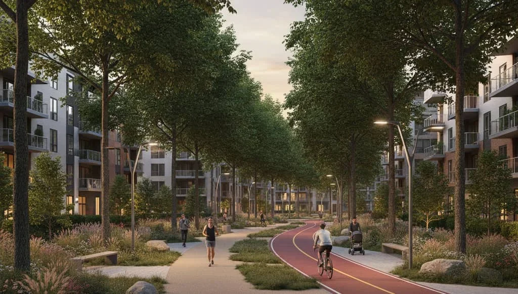 Landscaped park and cycling track between apartment buildings at Manchester City Yas Residences by Ohana, Yas Island