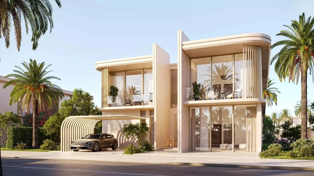 Luxury villas with curved wooden carports along a palm-lined street at Manchester City Yas Residences by Ohana