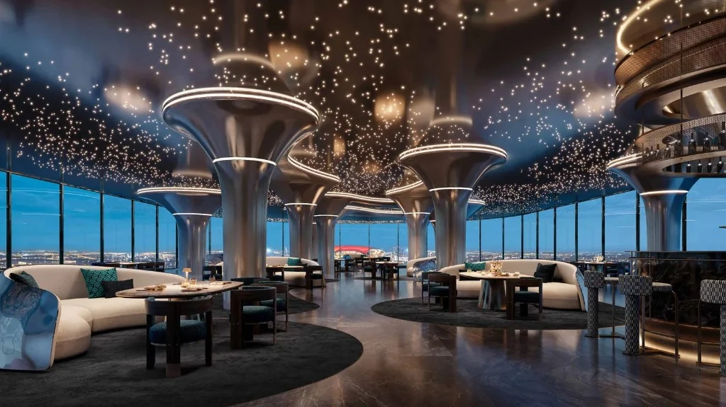 Sky lounge interior with Yas Island views at Manchester City Yas Residences by Ohana