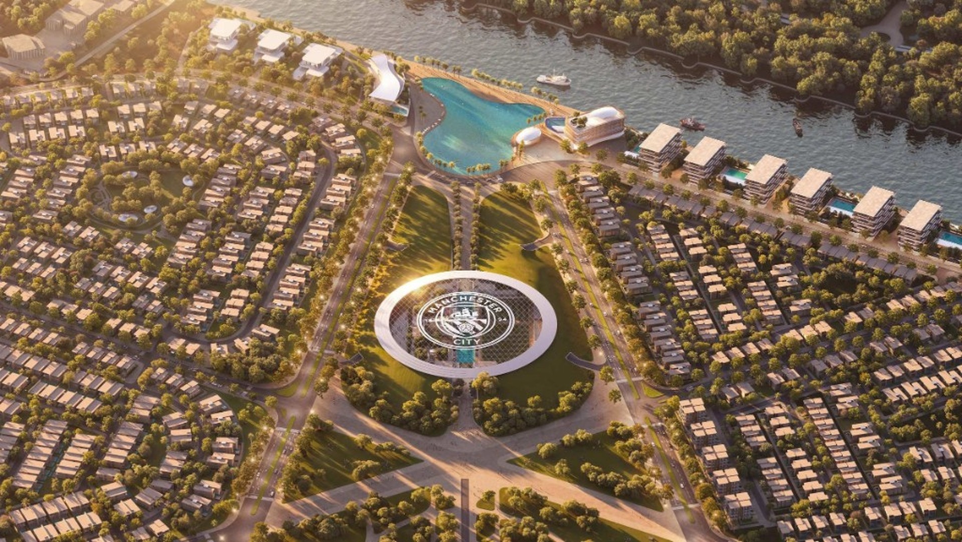 Manchester City Yas Residences by Ohana — aerial masterplan with Manchester City crest pavilion, villas and Yas Canal lagoon, Yas Island, Abu Dhabi